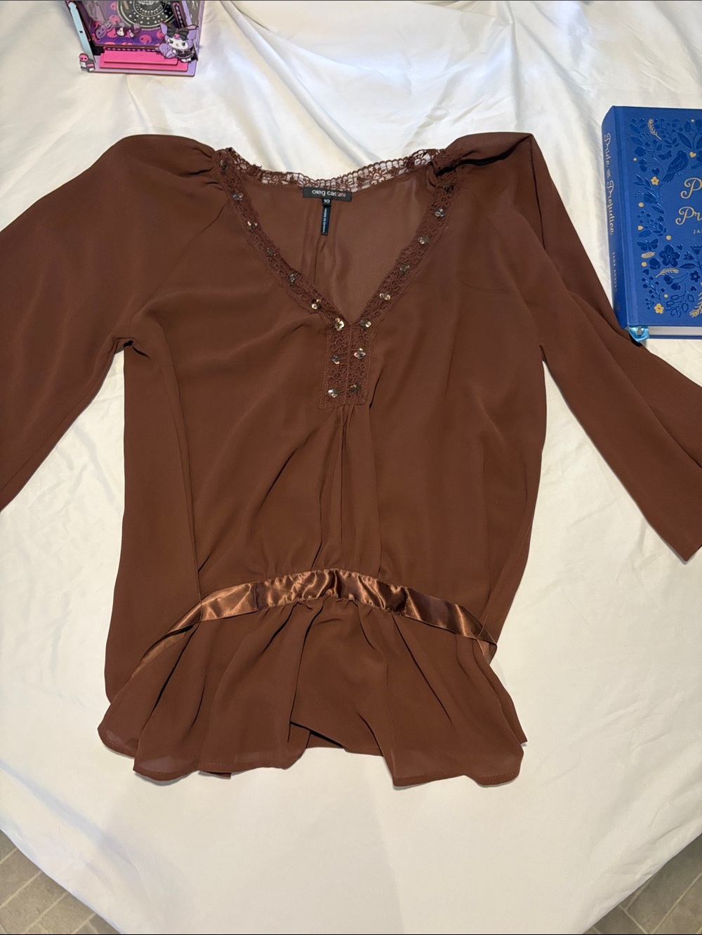 Oleg Cassini Brown Lace-Trim V-Neck Blouse